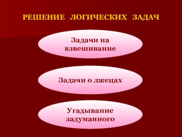 РЕШЕНИЕ ЛОГИЧЕСКИХ ЗАДАЧ Задачи на взвешивание Задачи о лжецах Угадывание задуманного