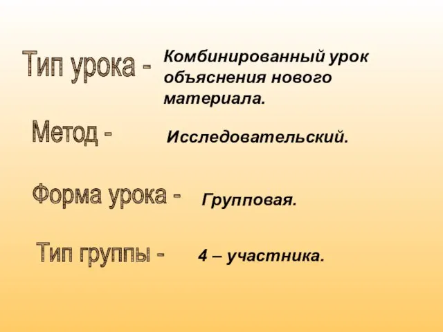 Тип урока - Комбинированный урок объяснения нового материала. Форма урока - Групповая.