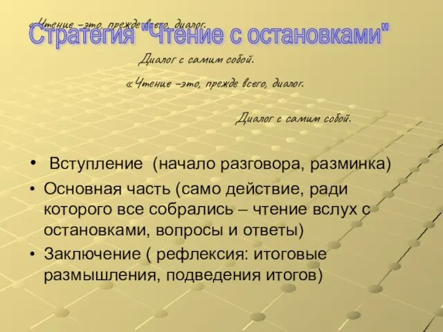 «Чтение –это, прежде всего, диалог. Диалог с самим собой. Вступление (начало разговора,