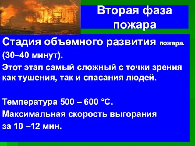 Вторая фаза пожара Стадия объемного развития пожара. (30–40 минут). Этот этап самый