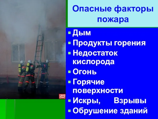 Опасные факторы пожара Дым Продукты горения Недостаток кислорода Огонь Горячие поверхности Искры, Взрывы Обрушение зданий