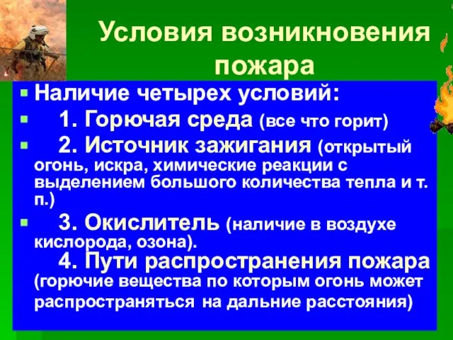 Условия возникновения пожара Наличие четырех условий: 1. Горючая среда (все что горит)