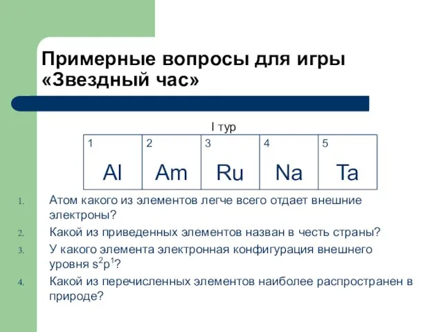 Примерные вопросы для игры «Звездный час» I тур Атом какого из элементов