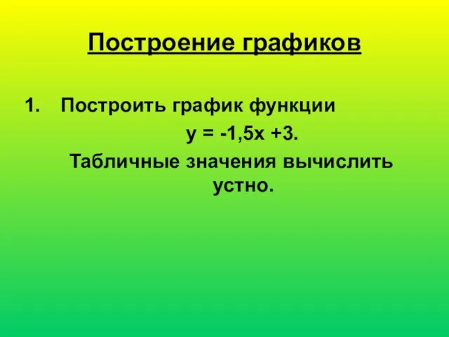 Построение графиков Построить график функции у = -1,5х +3. Табличные значения вычислить устно.