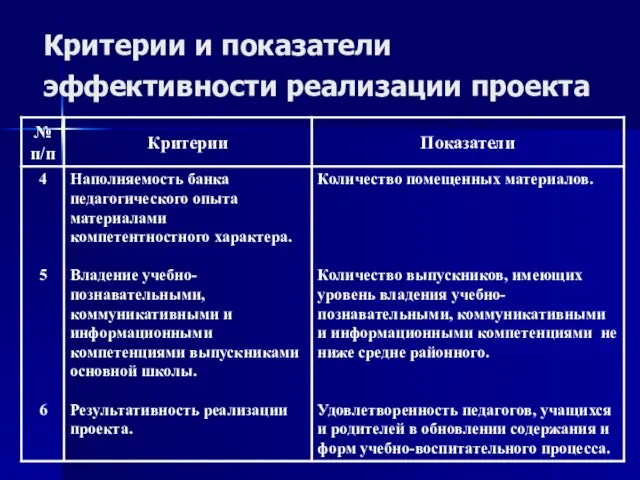 Критерии и показатели эффективности реализации проекта