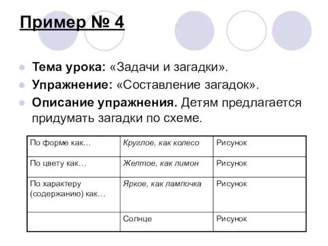 Пример № 4 Тема урока: «Задачи и загадки». Упражнение: «Составление загадок». Описание