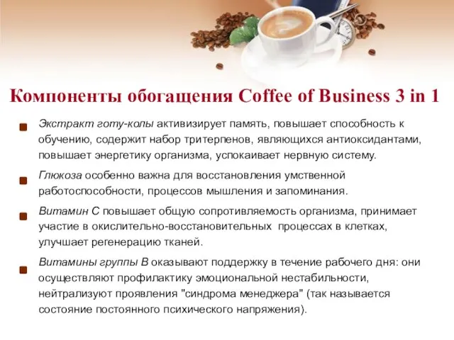 Компоненты обогащения Coffee of Business 3 in 1 Компоненты обогащения Coffee of