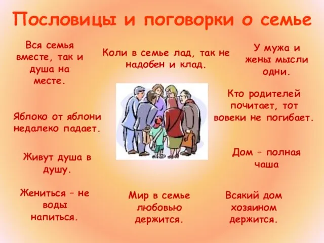 Пословицы и поговорки о семье Яблоко от яблони недалеко падает. Кто родителей