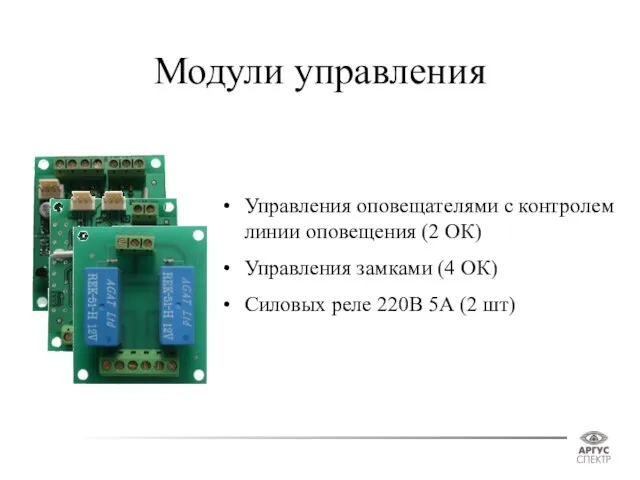 Модули управления Управления оповещателями с контролем линии оповещения (2 ОК) Управления замками