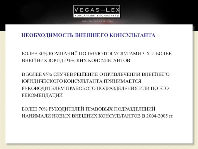 НЕОБХОДИМОСТЬ ВНЕШНЕГО КОНСУЛЬТАНТА БОЛЕЕ 80% КОМПАНИЙ ПОЛЬЗУЮТСЯ УСЛУГАМИ 3-Х И БОЛЕЕ ВНЕШНИХ