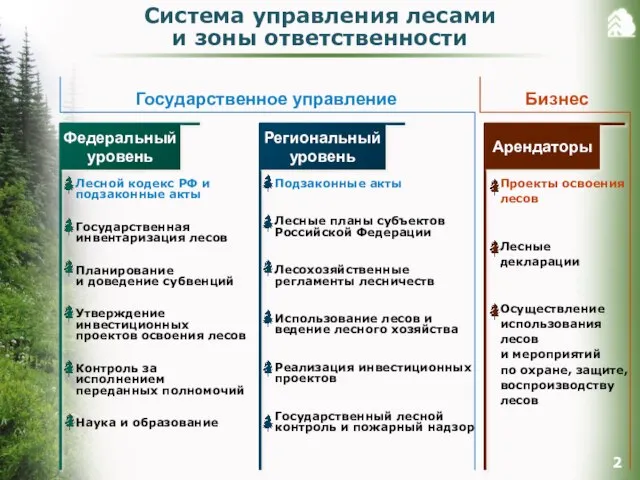 Государственное управление Бизнес Федеральный уровень Региональный уровень Арендаторы Лесной кодекс РФ и