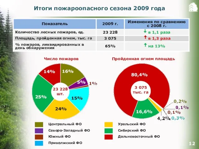 Итоги пожароопасного сезона 2009 года 23 228 шт. 3 075 тыс. га