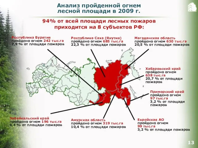 Анализ пройденной огнем лесной площади в 2009 г. 94% от всей площади