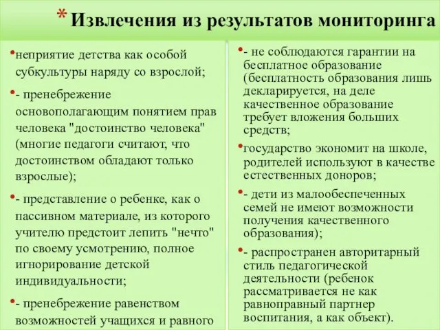 Извлечения из результатов мониторинга человека неприятие детства как особой субкультуры наряду со