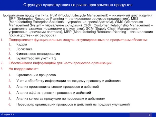 © Маркин А.В. Структура существующих на рынке программных продуктов Программные продукты типа: