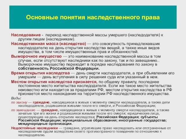 Основные понятия наследственного права Наследование - переход наследственной массы умершего (наследодателя) к