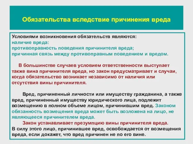 Обязательства вследствие причинения вреда Условиями возникновения обязательств являются: наличие вреда: противоправность поведения