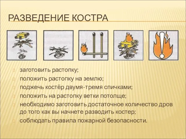 РАЗВЕДЕНИЕ КОСТРА заготовить растопку; положить растопку на землю; поджечь костёр двумя-тремя спичками;