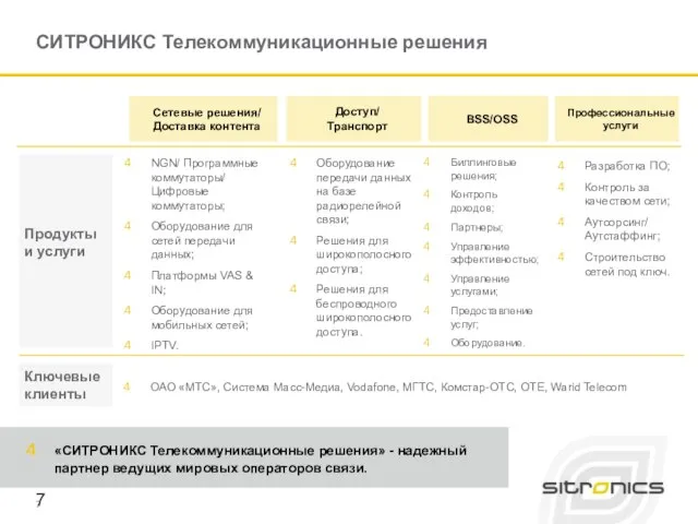 Разработка ПО; Контроль за качеством сети; Аутсорсинг/ Аутстаффинг; Строительство сетей под ключ.