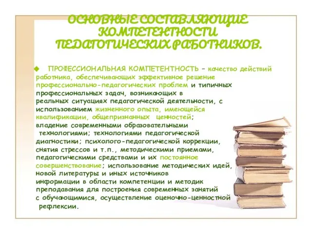 ОСНОВНЫЕ СОСТАВЛЯЮЩИЕ КОМПЕТЕНТНОСТИ ПЕДАГОГИЧЕСКИХ РАБОТНИКОВ. ПРОФЕССИОНАЛЬНАЯ КОМПЕТЕНТНОСТЬ – качество действий работника, обеспечивающих