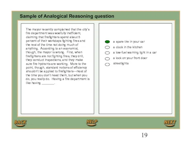 Sample of Analogical Reasoning question a spare tire in your car a