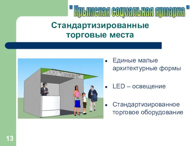 Стандартизированные торговые места Единые малые архитектурные формы LED – освещение Стандартизированное торговое