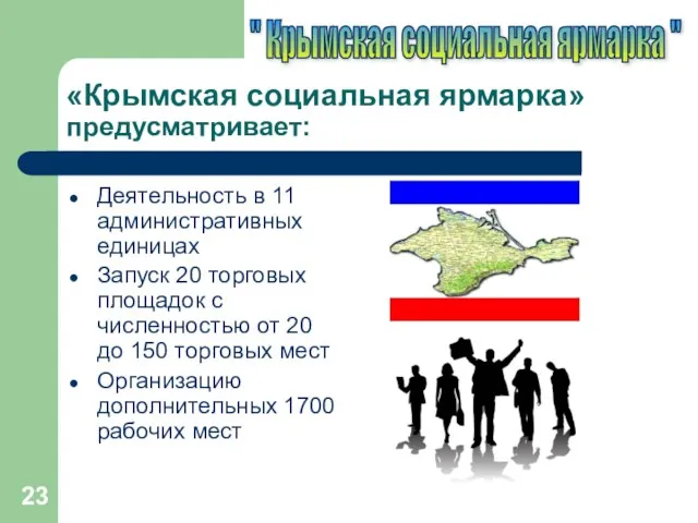 «Крымская социальная ярмарка» предусматривает: Деятельность в 11 административных единицах Запуск 20 торговых