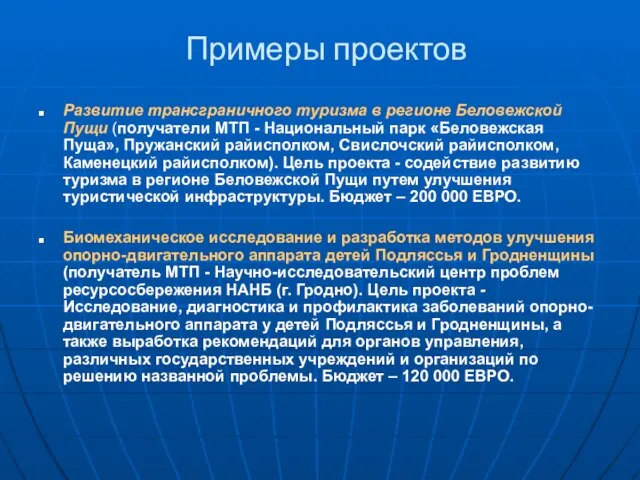 Примеры проектов Развитие трансграничного туризма в регионе Беловежской Пущи (получатели МТП -