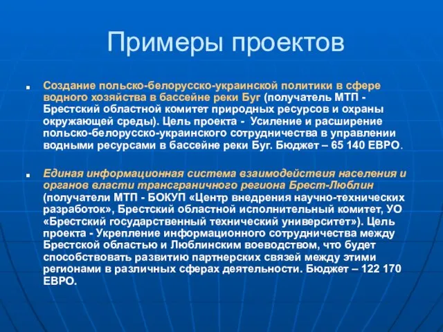 Примеры проектов Создание польско-белорусско-украинской политики в сфере водного хозяйства в бассейне реки