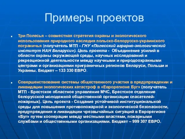 Примеры проектов Три Полесья – совместная стратегия охраны и экологического использования природного