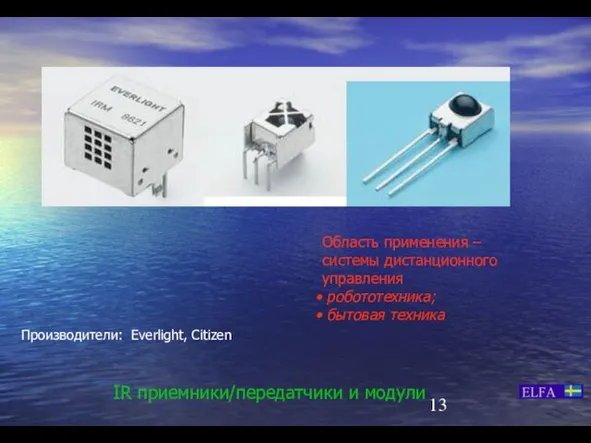 IR приемники/передатчики и модули Область применения – системы дистанционного управления робототехника; бытовая техника Производители: Everlight, Citizen