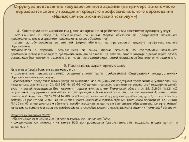 Структура доведенного государственного задания (на примере автономного образовательного учреждения среднего профессионального образования