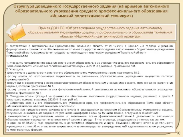 Структура доведенного государственного задания (на примере автономного образовательного учреждения среднего профессионального образования