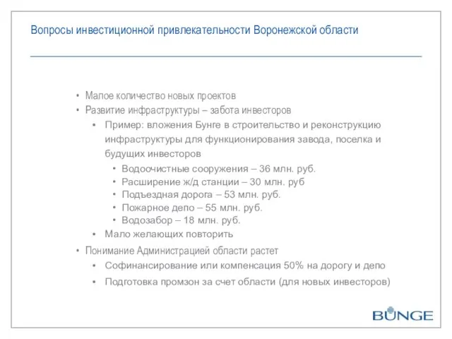 Вопросы инвестиционной привлекательности Воронежской области Малое количество новых проектов Развитие инфраструктуры –