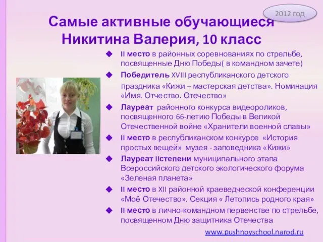 Самые активные обучающиеся Никитина Валерия, 10 класс II место в районных соревнованиях