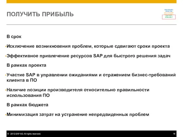 ПОЛУЧИТЬ ПРИБЫЛЬ В срок Исключение возникновения проблем, которые сдвигают сроки проекта Эффективное