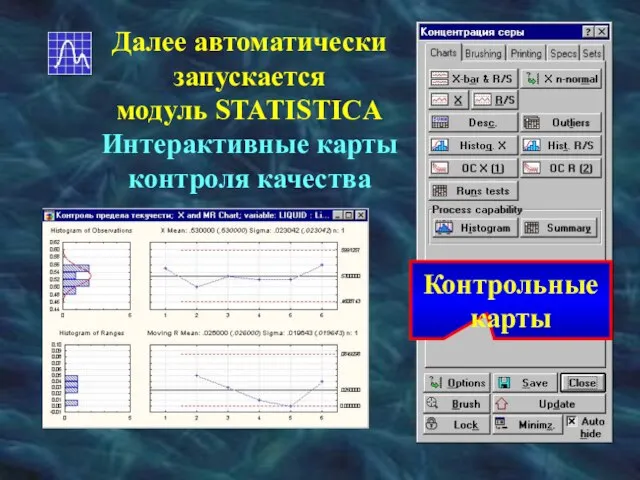 Далее автоматически запускается модуль STATISTICA Интерактивные карты контроля качества Контрольные карты