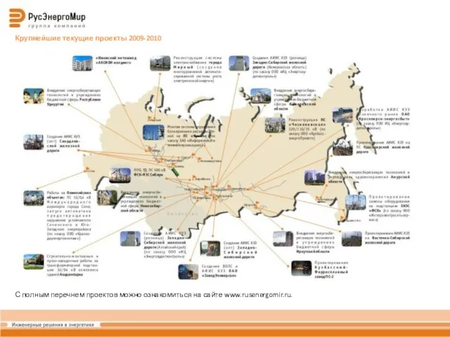 Крупнейшие текущие проекты 2009-2010 С полным перечнем проектов можно ознакомиться на сайте www.rusenergomir.ru.