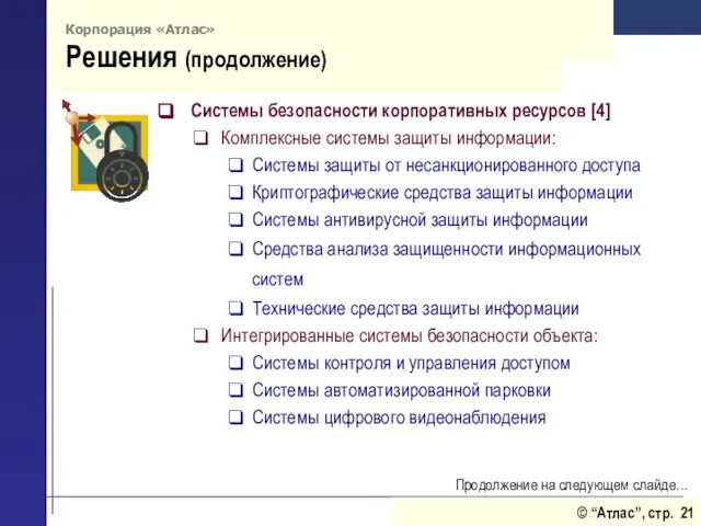 Корпорация «Атлас» Решения (продолжение) Системы безопасности корпоративных ресурсов [4] Комплексные системы защиты