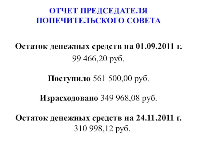 Остаток денежных средств на 01.09.2011 г. 99 466,20 руб. Поступило 561 500,00