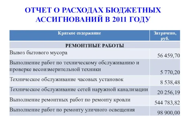 ОТЧЕТ О РАСХОДАХ БЮДЖЕТНЫХ АССИГНОВАНИЙ В 2011 ГОДУ