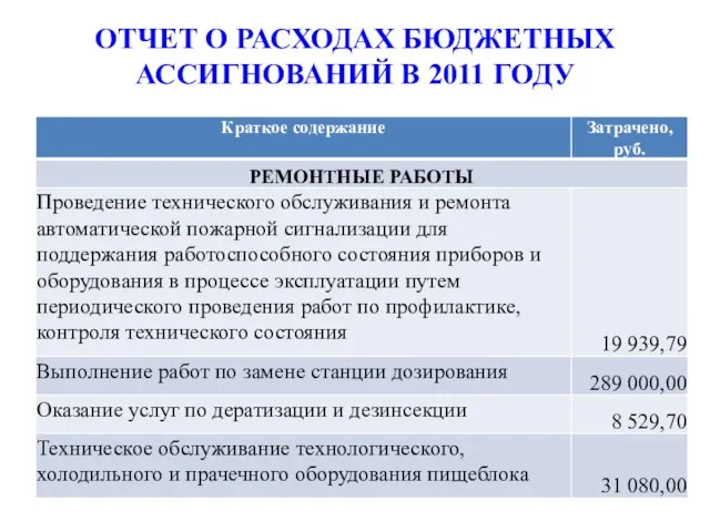 ОТЧЕТ О РАСХОДАХ БЮДЖЕТНЫХ АССИГНОВАНИЙ В 2011 ГОДУ