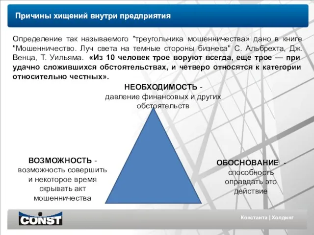 Константа | Холдинг Причины хищений внутри предприятия Определение так называемого "треугольника мошенничества»