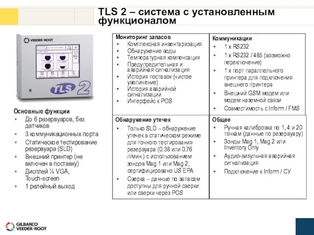 TLS 2 – система с установленным функционалом Основные функции До 6 резервуаров,