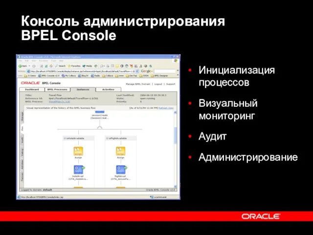 Консоль администрирования BPEL Console Инициализация процессов Визуальный мониторинг Аудит Администрирование