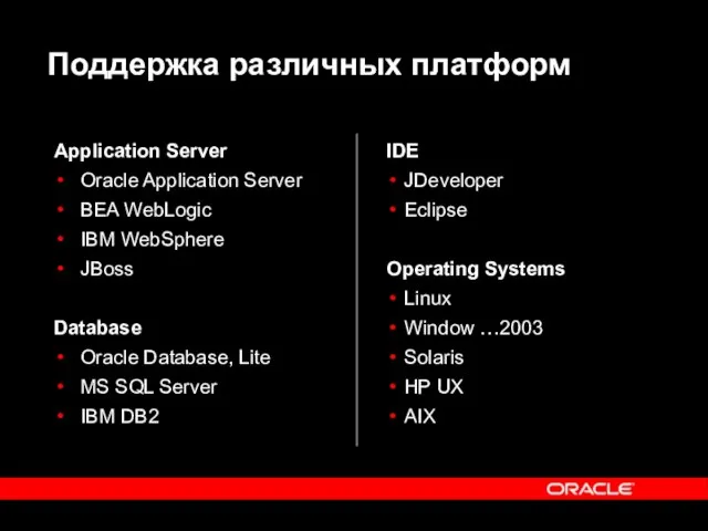 Поддержка различных платформ Application Server Oracle Application Server BEA WebLogic IBM WebSphere