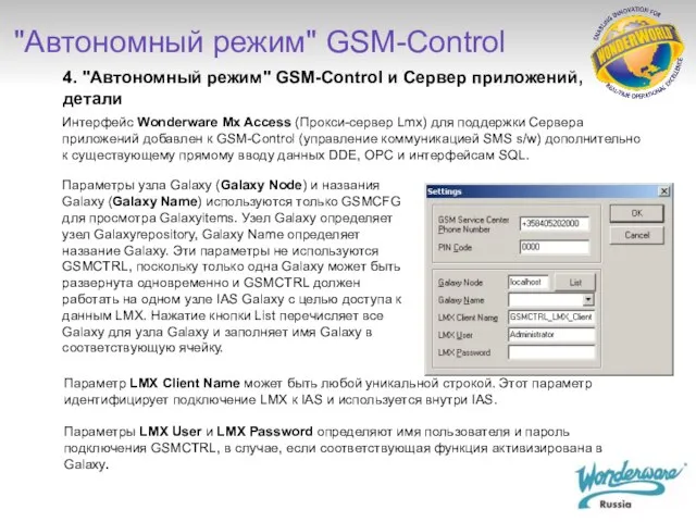 4. "Автономный режим" GSM-Control и Сервер приложений, детали Интерфейс Wonderware Mx Access