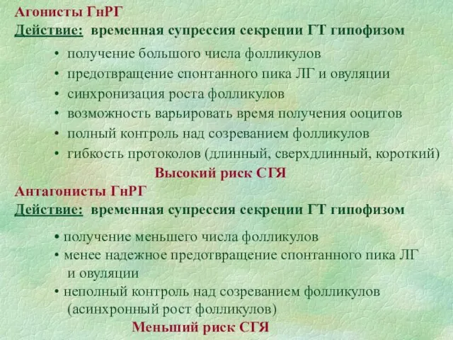 Агонисты ГнРГ Действие: временная супрессия секреции ГТ гипофизом получение большого числа фолликулов