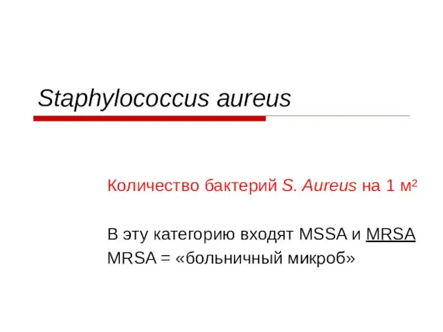 Staphylococcus aureus Количество бактерий S. Aureus на 1 м² В эту категорию