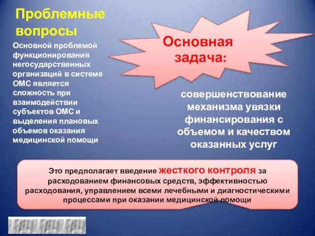 Проблемные вопросы Основная задача: Основной проблемой функционирования негосударственных организаций в системе ОМС